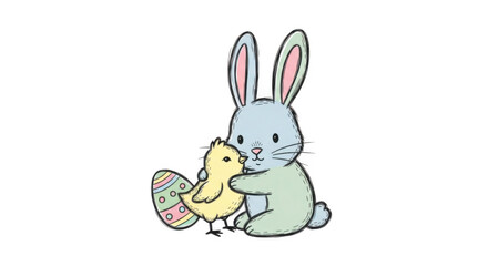 Obraz premium Easter Bunny and Chick with Decorated Egg