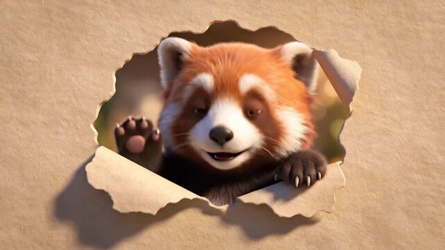 Animated red panda emerging from torn paper hole against a beige backdrop