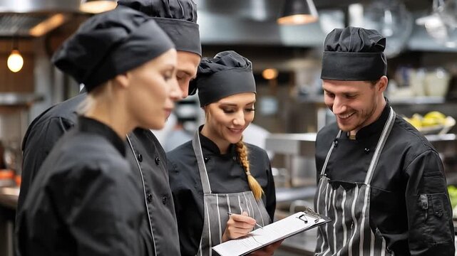  A team of skilled chefs huddle together in a bustling restaurant kitchen, engrossed in a discussion centered around a checklist of culinary preparations. 