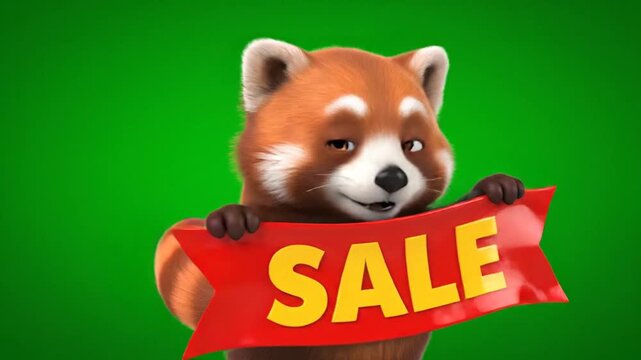 Animated red panda holding sale sign against green background