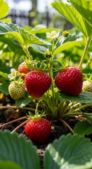 Ripe red berries develop on a healthy plant growing in dark soil under bright sunlight