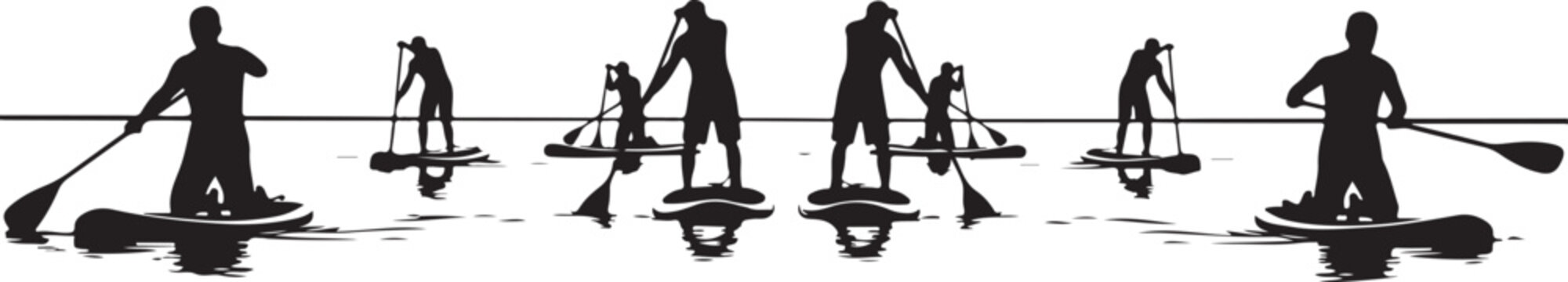 Silhouettes of people paddleboarding in various poses and settings