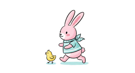 Obraz premium Pink Bunny and Yellow Chick Running Together in Black Background