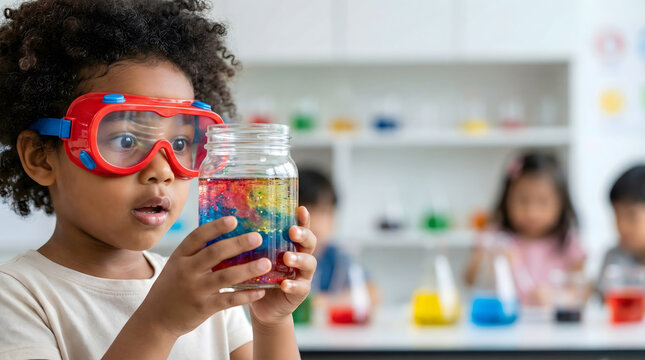 Amazed Young Scientist Doing Colorful Classroom Science Experiment