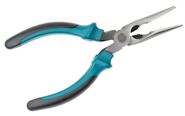 Obraz premium Needle or Long nose Pliers with ergonomic handles for precision work. Hand tool for gripping, bending and cutting wire. Professional pliers for electrical repair, DIY projects and mechanical tasks