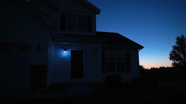 Smart Home Front Porch Light Turns Off at Dusk &mdash; Blue LED Glow Fades to Darkness, Modern Suburban House
