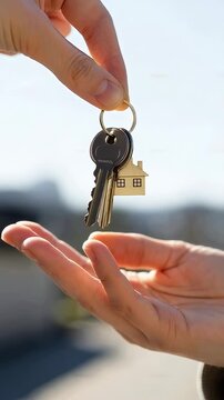 A hand is shown receiving a set of keys, symbolizing home ownership and new beginnings, with a keychain shaped like a house, representing the journey to a new residence.