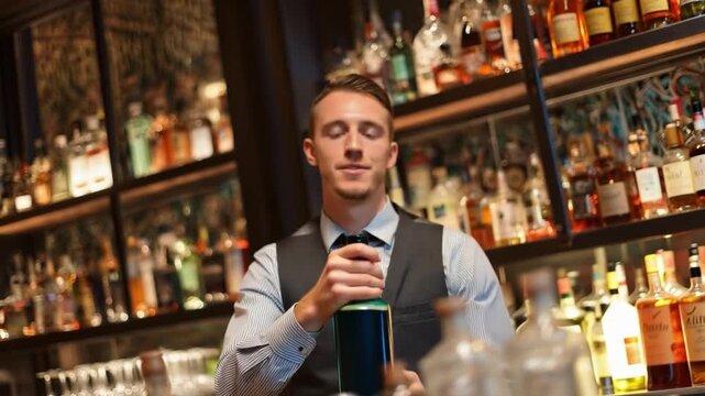  A skilled bartender meticulously crafts a drink, the bottles of spirits providing a rich backdrop to his focused preparation