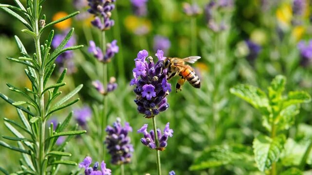 Honeybee collecting nectar from purple lavender flower in garden, close-up macro shot