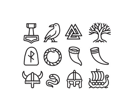 Sacred Norse Symbols and Viking Warrior Icons Minimalist Outline