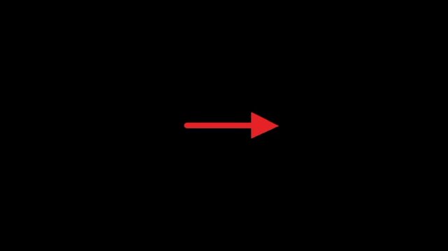 Dynamic red arrow pointing right on black background for direction and movement best for locating and video editing.