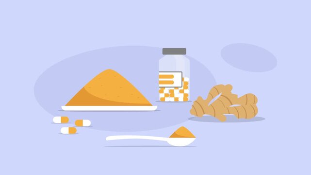 Turmeric and Ginger Natural Supplements Concept with Powder, Capsules, and Root cartoon animation