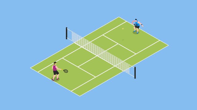 Two Players Playing Tennis on Grass Court 3d animation cartoon