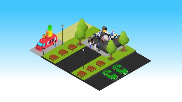 Outdoor Music Festival and Food Truck Park 3d animation cartoon