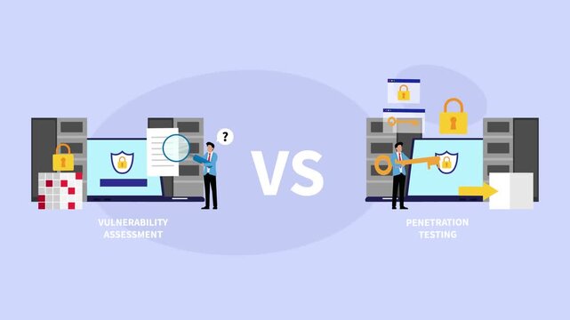 Vulnerability Assessment vs Penetration Testing Cybersecurity Comparison cartoon animation