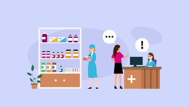 Pharmacy Service Concept with Pharmacist, Customer, and Medicine Shelves cartoon animation