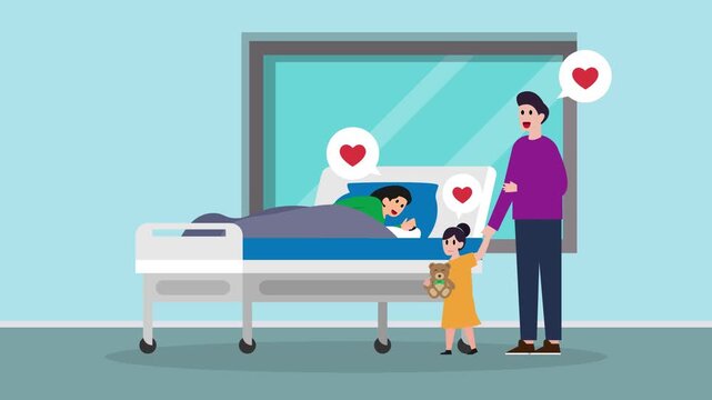 Family visiting child in hospital ward with doctor providing support cartoon animation