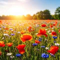 Fototapeta premium A vibrant close-up showcases a field of red poppies, blue cornflowers, and white blooms bathed in warm sunlight. A bright horizon