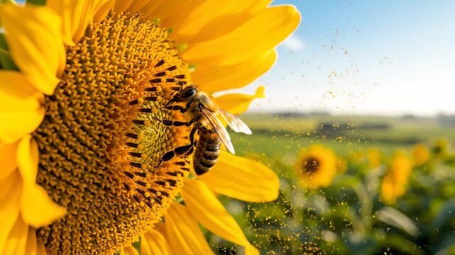 Close-up of a bee collecting nectar from a bright yellow sunflower in a sunlit field.