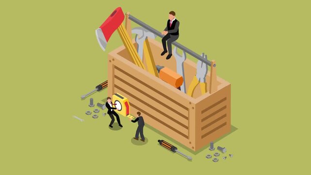 Business People and Large Toolbox Concept: Corporate Strategy, Professional Skills, and Management Tools for Problem Solving 3d animation cartoon