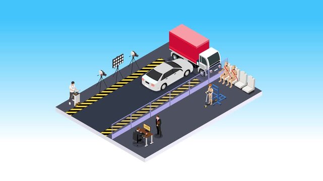 Vehicle Safety Crash Test Simulation with Dummies and Sensors 3d animation cartoon
