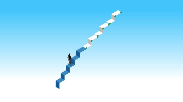 Businessman Climbing Isometric Career Ladder Toward Success and Growth Strategy 3d animation cartoon