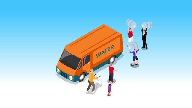 People Queuing and Carrying Water Barrels from a Water Delivery Truck 3d animation cartoon