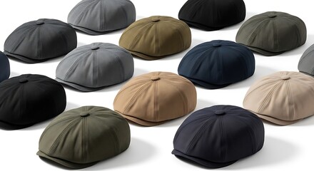 Collection of assorted colored hats displayed on a white surface from an overhead viewpoint