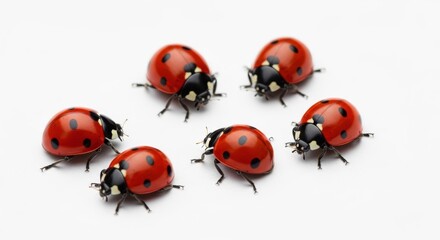 Six ladybugs on a clean white background, natural symmetry and color