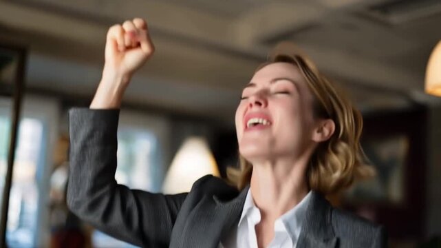   A determined woman, radiating success and achievement, celebrates a personal victory with a raised fist and jubilant expression.