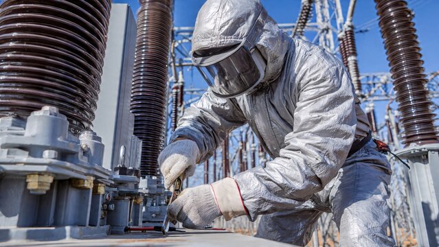 Technician in Arc Flash Suit Working on Transformer | High Voltage Grid Maintenance Background | Electrical Safety Stock Photo