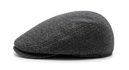 A gray tweed newsboy cap displayed against a white background from a side view showcasing its textured fabric and seaming details