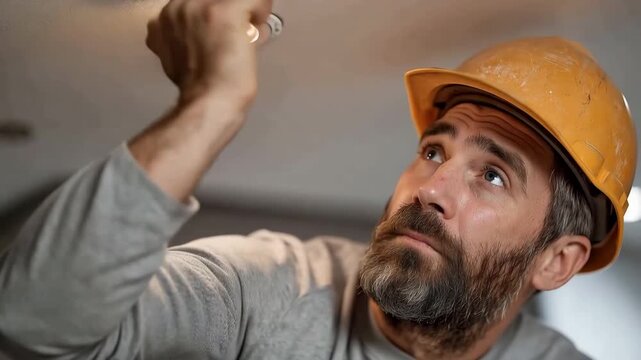 A worker inserts a lighting fixture into the ceiling hole with care.