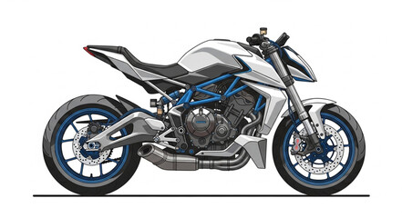 Fototapeta premium Modern White Motorcycle with Blue Accents on White Background.