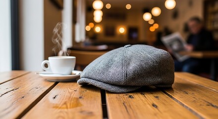 A gray hat rests beside a steaming hot coffee on a wooden table in a cozy cafe