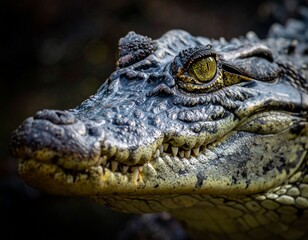 Obraz premium Close-up of a fearsome crocodiles head, showcasing its textured skin and intense gaze.