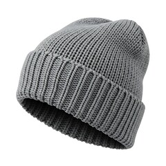 Close-up view of a gray knitted beanie hat on a plain background
