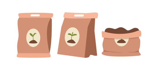 Gardening Essentials Soil and Fertilizer Bags with Sprout Icon. Fertilizer Packaging. Soil and Nutrient Bags. Garden Care Essentials. Compost Bags for Gardening