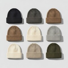 Assorted beanies in various colors displayed on a white background from a top-down viewpoint