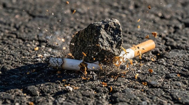 Extinguished cigarette butt crushed under a rock on dirty ground with ash and sparks