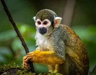 Obraz premium Close-up of a Squirrel Monkey Perched on a Branch in a Lush Green Forest.