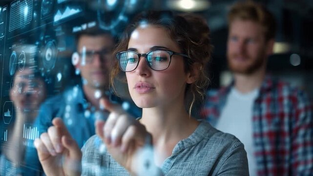  A focused professional interacts with an intricate digital interface, analyzing complex data with the support of colleagues.