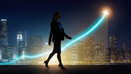 Businesswoman walks before upward arrow in city at night. Suitable for business success concepts.
