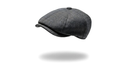 A gray newsboy cap floating above a plain background with a subtle shadow underneath viewed from a slight angle