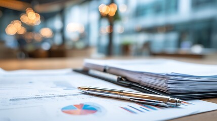 Fototapeta premium Shiny metal pen rests on financial charts and documents inside a bright, blurred office setting.