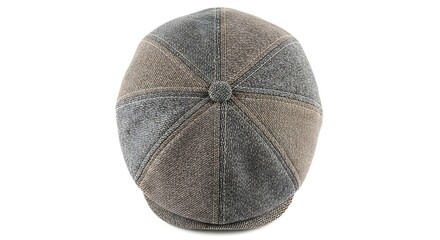 A brown and grey velvet hat with a button on top viewed from directly above against a plain background