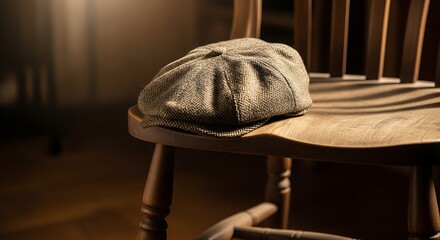 A vintage cap lies on a rustic wooden chair in a dimly lit room with a nostalgic atmosphere