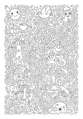 Intricate doodle art compilation features whimsical natural and abstract elements for coloring activity