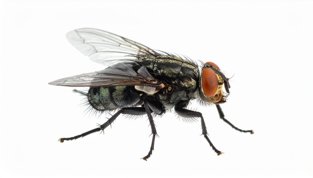 Close-up of a common housefly with detailed wings and body structure against white background.