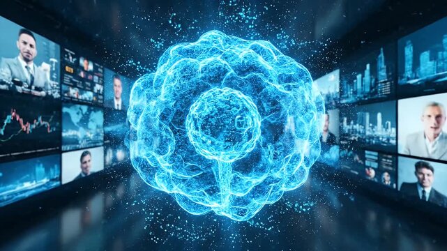 Futuristic Digital Brain Interface Connecting Global Networks and Data Streams.